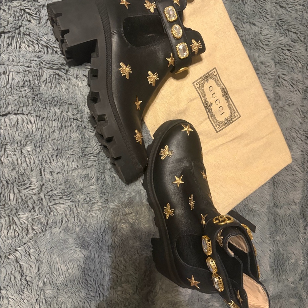Gucci Black Ankle Boots with Gold Embellishments
